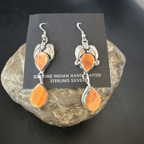 Navajo Orange Spiny Oyster Dangle Earrings | Sterling Silver | 1.5" | Authentic Native American Handmade | 16571