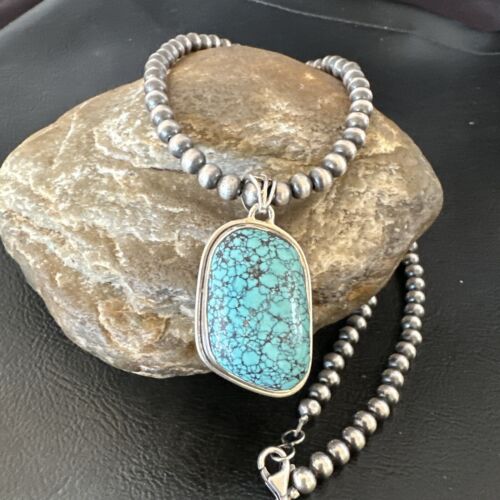 Men's Navajo Blue Spiderweb Turquoise Pendant Necklace | Sterling Silver | Authentic Native American Handmade | 16274