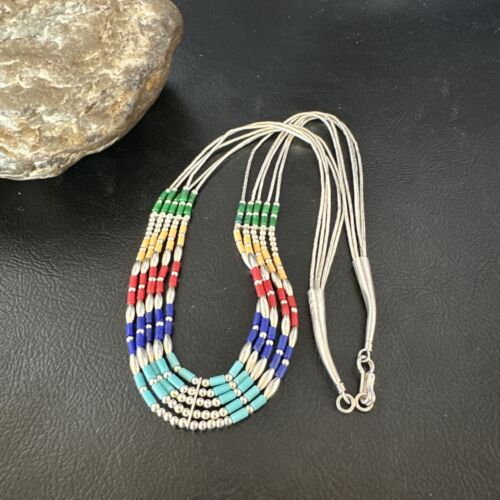 Multicolor Lapis Coral Heishi Liquid Sterling Silver Necklace | 5 Strand | 20" | 15886
