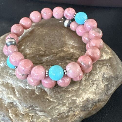 Navajo Pink Rhodochrosite Turquoise Bracelet | Stainless Steel Memory Wire | Authentic Native American Handmade | 17626