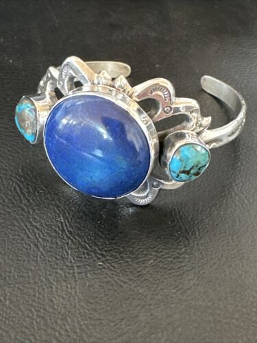 Kingman Turquoise Lapis Cuff Bracelet | Navajo Tufa Cast | Sterling Silver | Authentic Native American Handmade | 16783