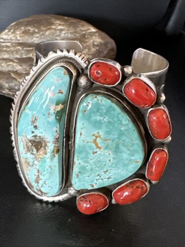Navajo Green Royston Turquoise Coral Cuff Bracelet | Sterling Silver | Authentic Native American Handmade | 15309