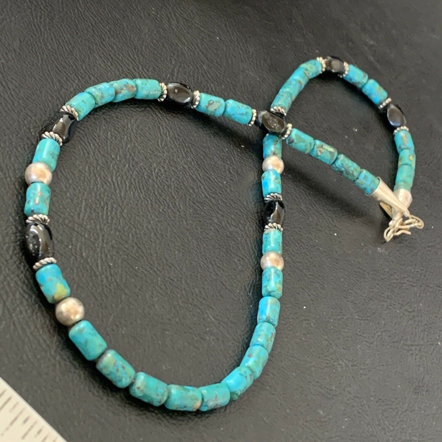 Authentic Tommy Singer Beads Necklace | Turquoise & Onyx | Sterling Silver | Gold | Native American Handmade | 17" | 10390
