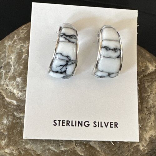 Navajo White Buffalo Turquoise Inlay Earrings | Sterling Silver | 0.5" | 16742