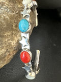 Fourth July Blue Turquoise Coral Mother Of Pearl Navajo Sterling Silver Cuff Bracelet 15338