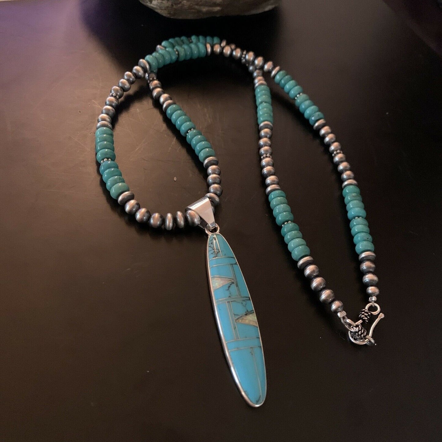 Navajo Blue Turquoise Opal Inlay Pendant Necklace | Sterling Silver | Authentic Native American Handmade | 11473