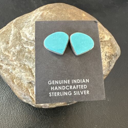 Navajo Blue Kingman Turquoise Post Stud Earrings | Sterling Silver | Authentic Native American Handmade | 17483