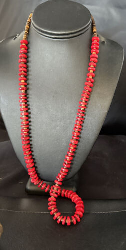 Navajo Red Coral Shell Bead Necklace | Sterling Silver | 30" | Authentic Native American Handmade | 15284