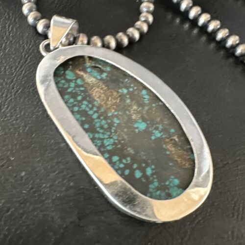 Navajo Blue Spiderweb Turquoise Pendant Necklace | Sterling Silver Pearls | Authentic Native American Handmade | 15568