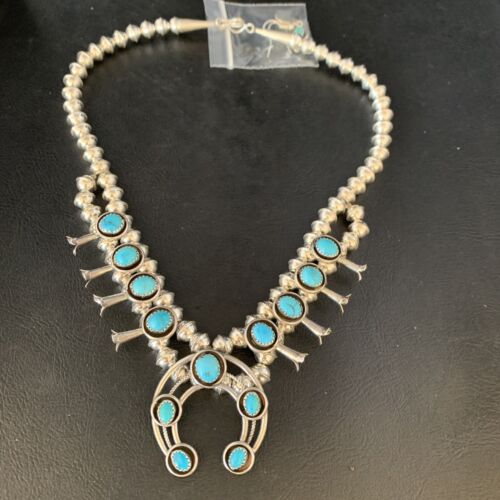Navajo Kingman Turquoise Shadowbox Squash Blossom Necklace | Sterling Silver | Native American Handmade | 13677