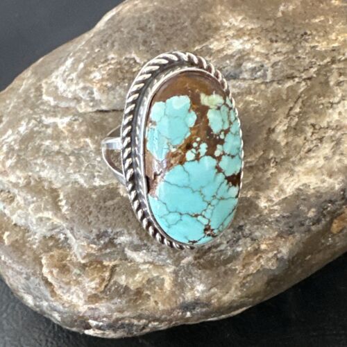 Men's & Women's Blue Turquoise #8 Navajo Ring | Sterling Silver | Sz 9.5 | Authentic Native American Handmade | 16639