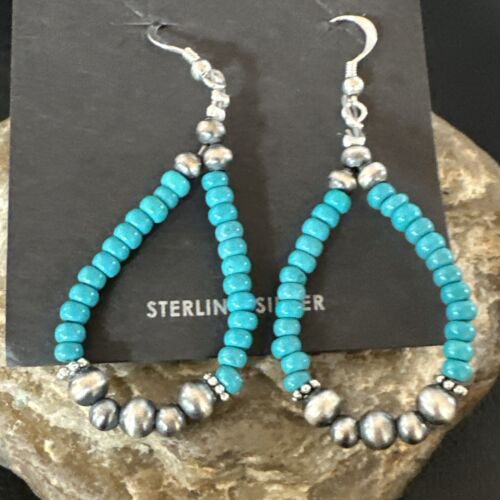 Navajo Teal Blue Turquoise 4mm Bead Earrings | Sterling Silver Pearls | 2" | Authentic Native American Handmade | 16823