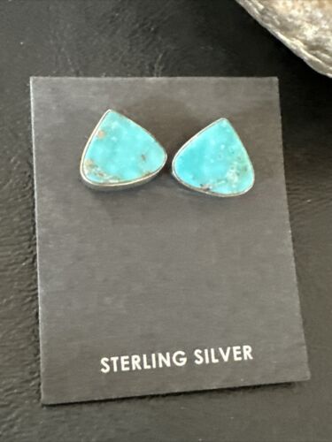 Navajo Blue Kingman Turquoise Post Stud Earrings | Sterling Silver | Authentic Native American Handmade | 17480