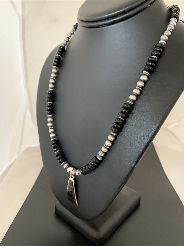 Navajo Black Onyx Bead Inlay Pendant Necklace | Sterling Silver | Native American Handmade | 01939