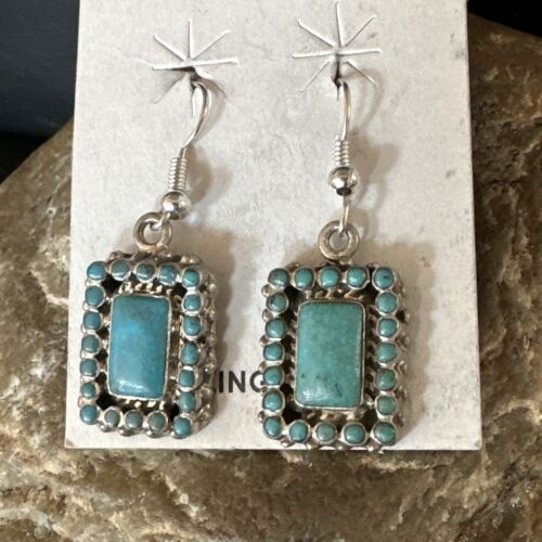 Navajo Blue Turquoise Dangle Earrings | Sterling Silver | Authentic Native American Handmade | 15439