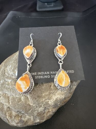 Navajo Orange Spiny Oyster Dangle Earrings | Sterling Silver | 1.5" | Authentic Native American Handmade | 16572