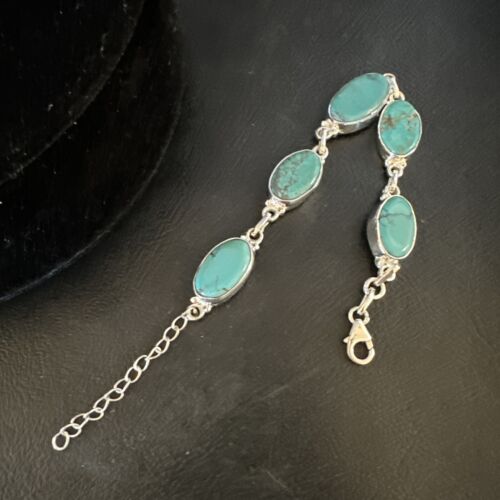 Navajo Blue Turquoise Link Bracelet | Sterling Silver | 8" | Authentic Native American Handmade | 15468