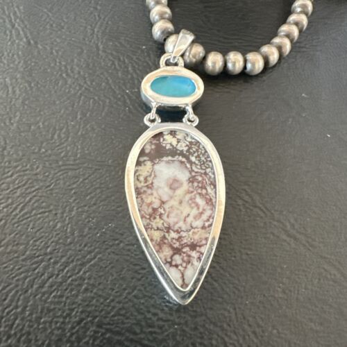 Navajo Wild Horse | Blue Kingman Turquoise Necklace | Sterling Silver | Authentic Native American Handmade | 17316