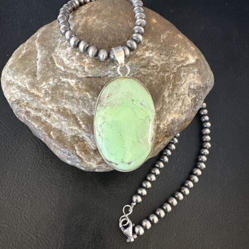 Navajo Green Gaspeite Pendant Necklace | Sterling Silver | Authentic Native American Handmade | 15490