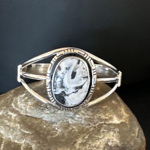 Women's White Buffalo Turquoise Cuff Bracelet | Navajo Sterling Silver | Authentic Native American Handmade | 16249