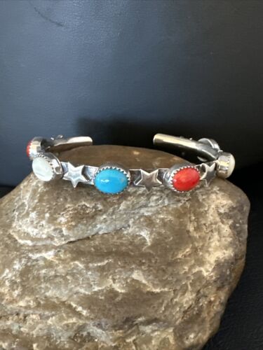 Fourth July Blue Turquoise Coral Mother Of Pearl Navajo Sterling Silver Cuff Bracelet 15338