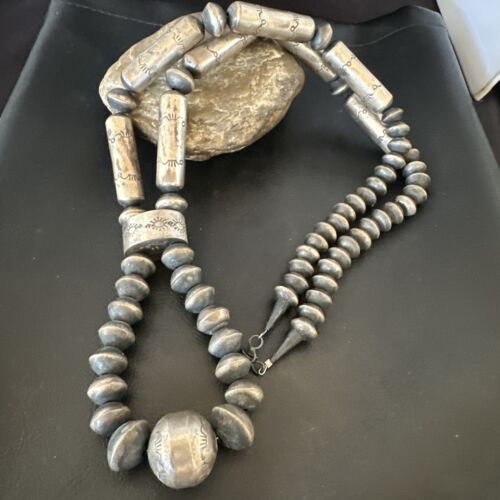 Navajo Stamped Bench Bead Necklace | Sterling Silver | 30" | Authentic Native American Handmade | 16727