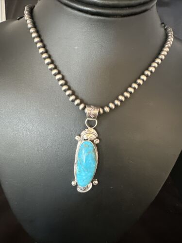 Navajo Kingman Turquoise Pendant Necklace | Sterling Silver Pearls | Authentic Native American Handmade | 15212