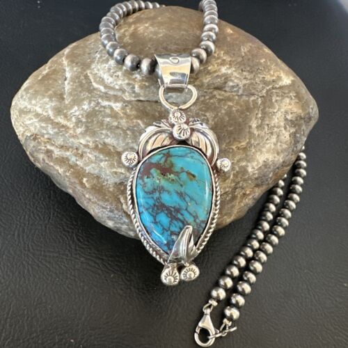 Navajo Blue Turquoise Pendant Necklace | Sterling Silver Pearls | Authentic Native American Handmade | 15647
