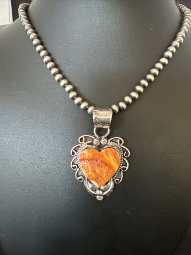Navajo Orange Spiny Oyster Heart Pendant Necklace | Sterling Silver | Authentic Native American Handmade | 16418
