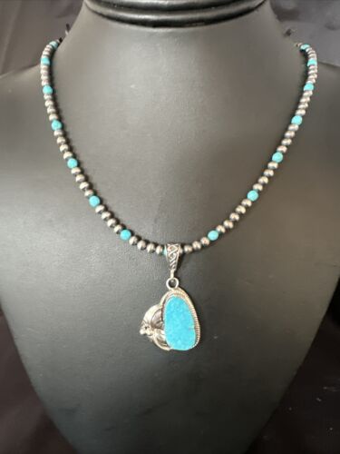 Navajo Pearls Kingman Turquoise Pendant Necklace | Sterling Silver | Authentic Native American Handmade | 14889