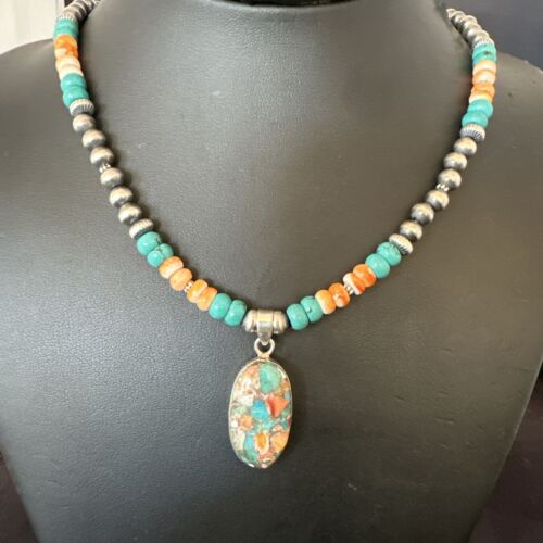 Navajo Spiny Turquoise Pendant Necklace | Sterling Silver | 22" | Authentic Native American Handmade | 17429