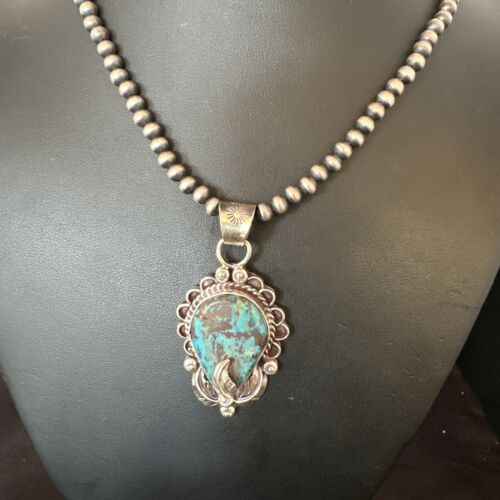 Navajo Blue Turquoise Pendant Necklace | Sterling Silver Pearls | Authentic Native American Handmade | 15644