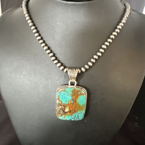 Navajo Blue Spiderweb Turquoise Pendant | Sterling Silver Necklace with Pearls | Authentic Native American Handmade | 15569