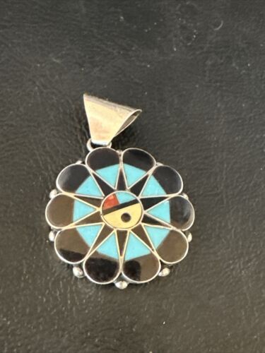 Zuni Sun Face Pendant | Turquoise, Mother of Pearl, Onyx Inlay | Sterling Silver | Native American Handmade | 15180