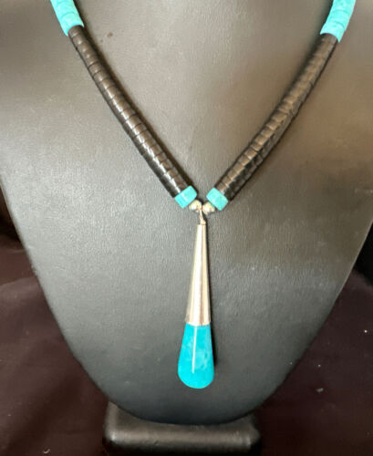Santo Domingo Blue Turquoise Black Onyx Necklace | Sterling Silver | 21" | 15765