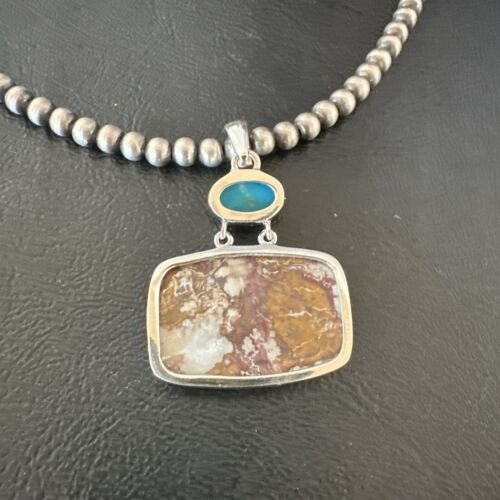 Men's Wild Horse Blue Kingman Turquoise Necklace | Sterling Silver SW Pendant | Multi-Stone | 17326