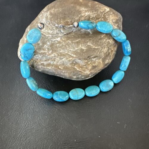Women's Blue Turquoise Bead Bracelet | Southwestern Sterling Silver Link | 9" | 17229