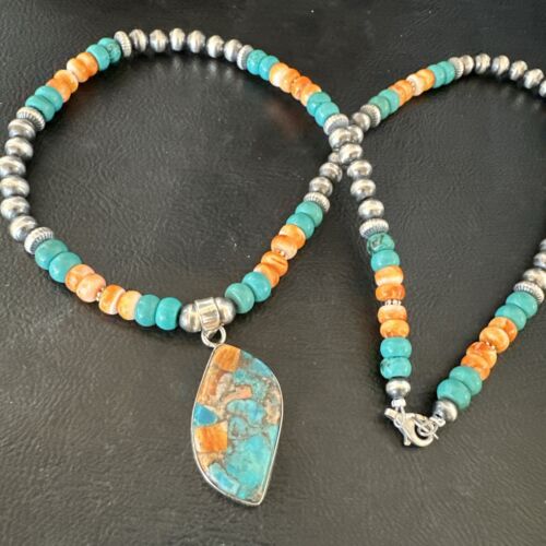 Navajo Spiny Turquoise Pendant Necklace | Sterling Silver | 21" | Authentic Native American Handmade | 17518