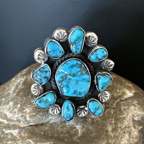 Navajo Kingman Turquoise Cluster Ring | Authentic Native American Sterling Silver | Multi-Stone | Sz 9.5 | 17422