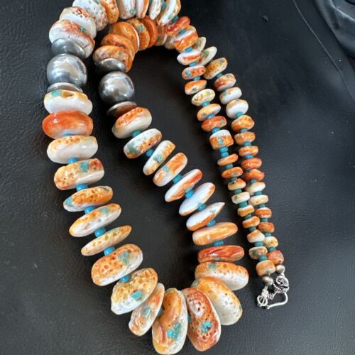 Navajo Blue Turquoise & Spiny Oyster Graduated Necklace | Sterling Silver | Authentic Native American | 24" | 16263 - Masha USA