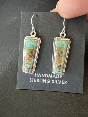 Navajo Blue Turquoise Dangle Earrings | Sterling Silver | Authentic Native American Handmade | 16507