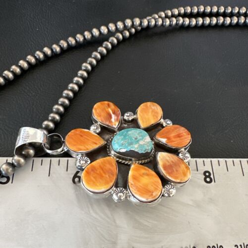 Navajo Blue Turquoise | Spiny Oyster Pendant Necklace | Sterling Silver | Multi-Stone | 16861