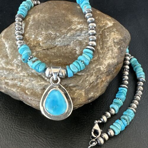 Navajo Men's Blue Kingman Turquoise Pendant Necklace | Sterling Silver | 21" | Authentic Native American Handmade | 17552