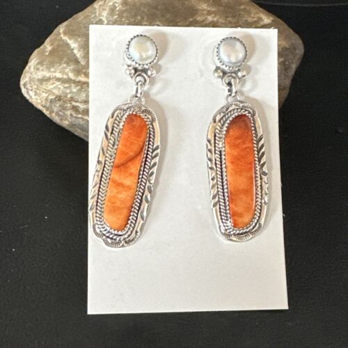 Navajo Red Spiny Oyster Pearl Dangle Earrings | Sterling Silver | Authentic Native American Handmade | 15325