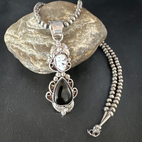 Navajo White Buffalo Turquoise & Onyx Pendant Necklace | Sterling Silver | Multi-Stone | 15315