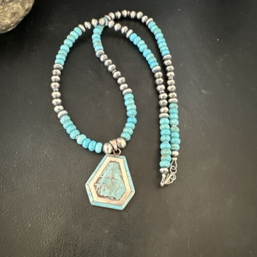 Navajo Turquoise Inlay Pendant Necklace | Sterling Silver | Authentic Native American Handmade | 17078