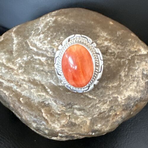 Women's Orange Spiny Oyster Ring | Navajo Sterling Silver | Sz 8.5 | Authentic Native American Handmade | 16032