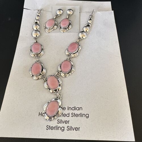 Navajo Pink Conch Choker Necklace | Sterling Silver Pendant 18" | Earrings Set | Authentic Native American Handmade
