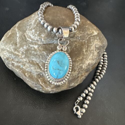 Navajo Pearls Kingman Turquoise Pendant Necklace | Sterling Silver | Authentic Native American Handmade | 17134