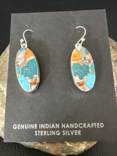 Navajo Blue Turquoise & Orange Spiny Oyster Inlay Dangle Earrings | Sterling Silver | 15586